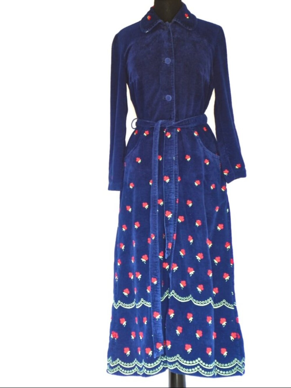 Egeria 1970's Blue 100% Cotton Robe With Embroidery - W. Germany